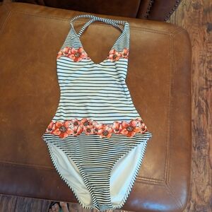 Vince Camuto Black and White Striped One Piece with Orange Floral Accents